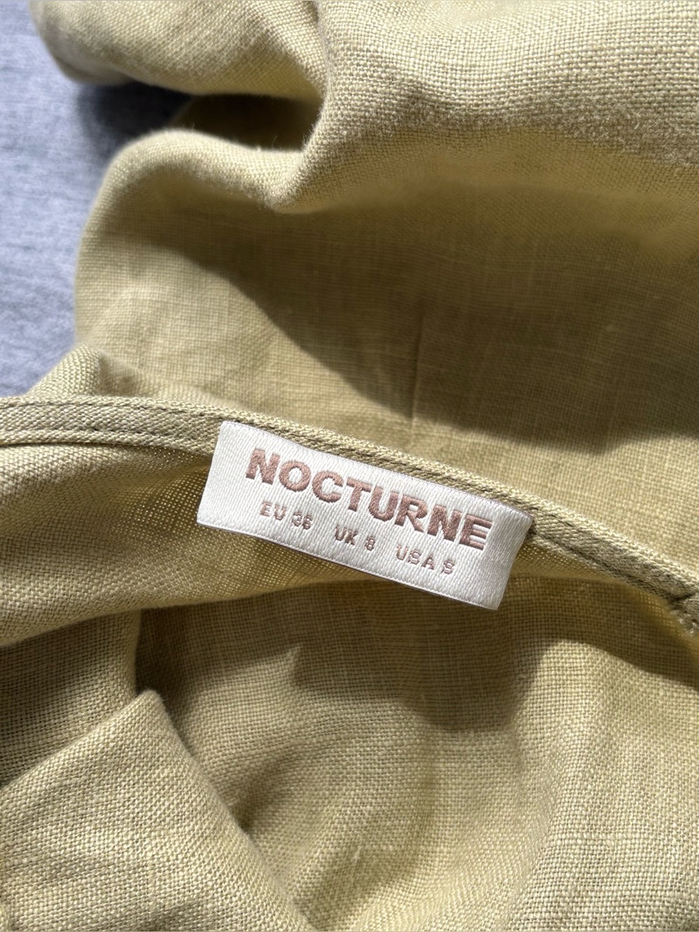 NOCTURNE 100% Linen Beaded Back Mini Dress Olive Green Women's S Quiet Luxury - Picture 12 of 14